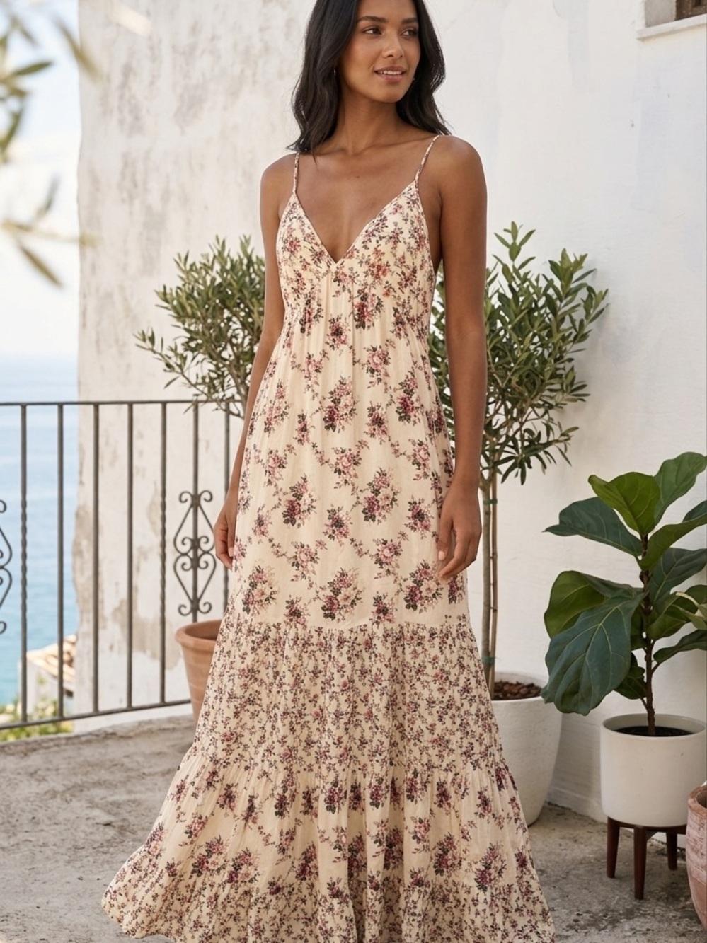 lovestitch Cream Floral Maxi Dress with Pink & Burgundy Blooms